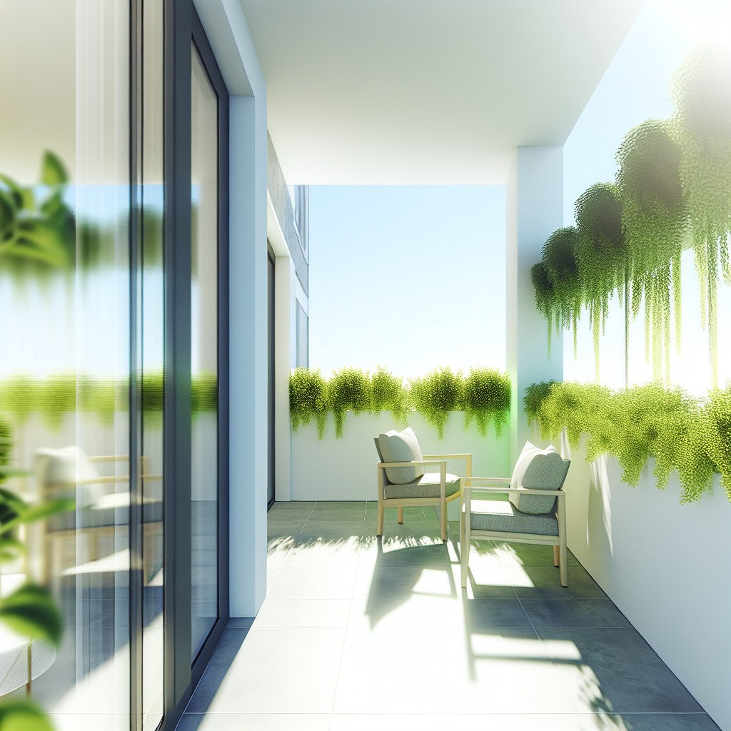 Beautiful modern balcony with green plants and comfortable seating