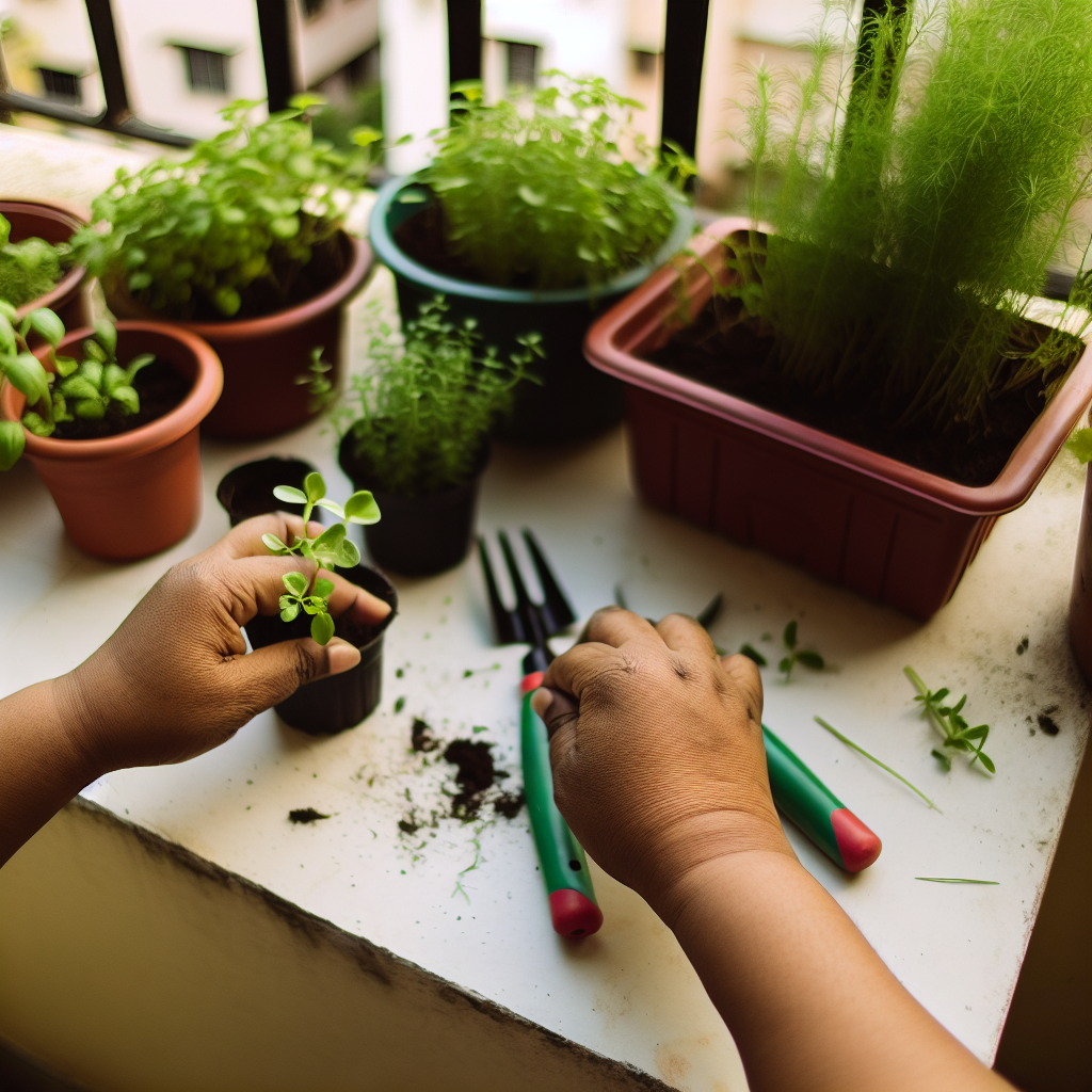 Hands planting herbs in small pots